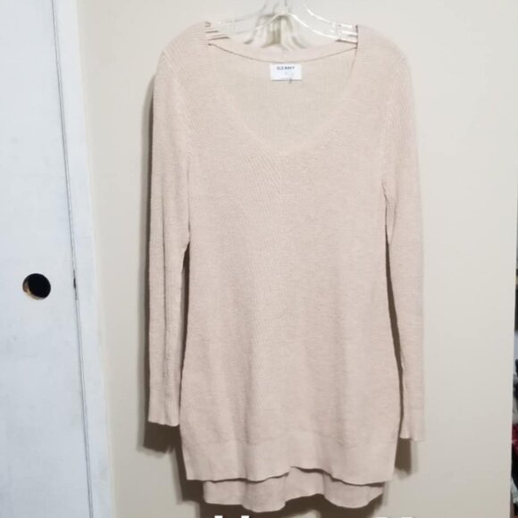 Old Navy Sweater Tunic Medium Beige V-neck Side Slits Mid-Thigh - Picture 1 of 6